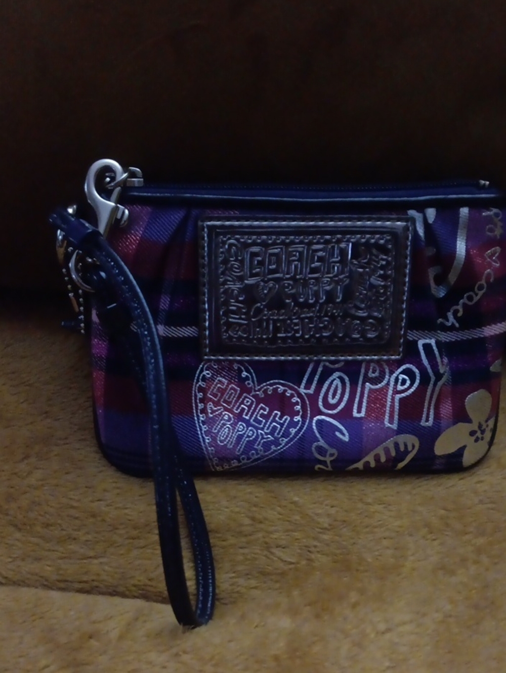 Coach Purple Pink Plaid Wristlet with Logo Patch